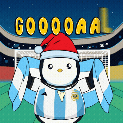 A Cartoon Of A Penguin Wearing A Santa Hat And A Shirt That Says Argentina GIF
