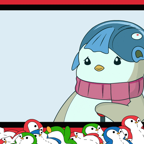 A Cartoon Of A Penguin Wearing A Scarf Surrounded By Penguins GIF
