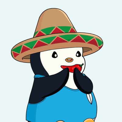 A Cartoon Of A Penguin Wearing A Sombrero And Holding A Chili Pepper GIF