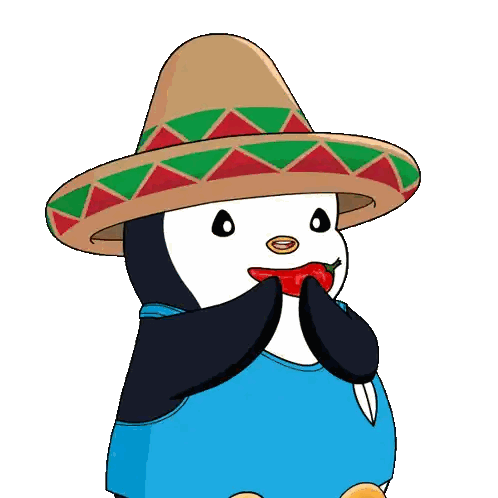 A Cartoon Of A Penguin Wearing A Sombrero And Holding A Red Pepper In Its Mouth Sticker