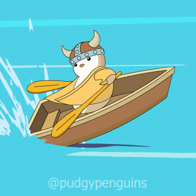 A Cartoon Of A Penguin Wearing A Viking Hat And Oars In A Boat GIF