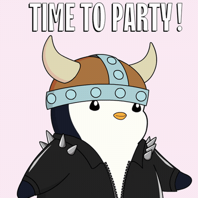A Cartoon Of A Penguin Wearing A Viking Helmet And A Spiked Jacket Says Time To Party GIF