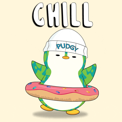 A Cartoon Of A Penguin Wearing A White Hat And A Donut Ring With The Word Chill Written Above It GIF