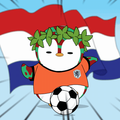 A Cartoon Of A Penguin Wearing An Orange Jersey With A Lion On It Kicking A Soccer Ball GIF