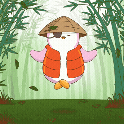 A Cartoon Of A Penguin Wearing An Orange Vest And A Brown Hat GIF