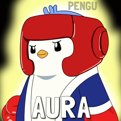 A Cartoon Of A Penguin Wearing Boxing Gloves And A Helmet With The Word Aura On It GIF