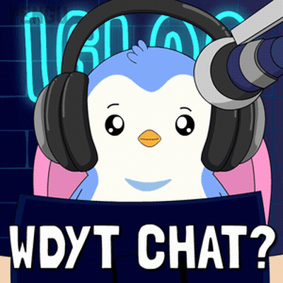 A Cartoon Of A Penguin Wearing Headphones And Holding A Sign That Says " Wdyt Chat " GIF