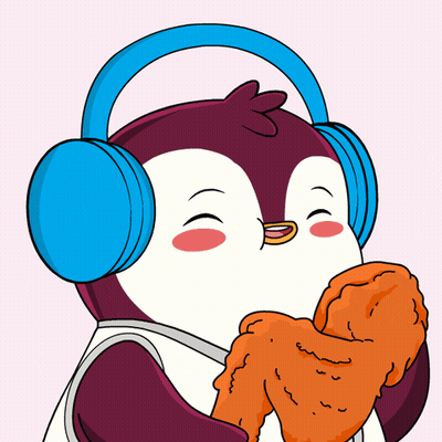 A Cartoon Of A Penguin Wearing Headphones Eating Chicken GIF