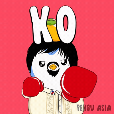 A Cartoon Of A Penguin Wearing Red Boxing Gloves And The Word Ko On Top GIF