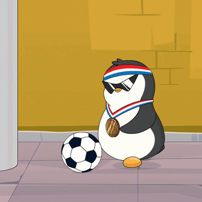 A Cartoon Of A Penguin Wearing Sunglasses And A Medal Playing With A Soccer Ball GIF