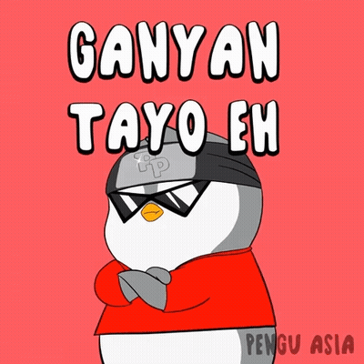 A Cartoon Of A Penguin Wearing Sunglasses And A Red Shirt With The Words Ganyan Tayo Eh Written Above It GIF