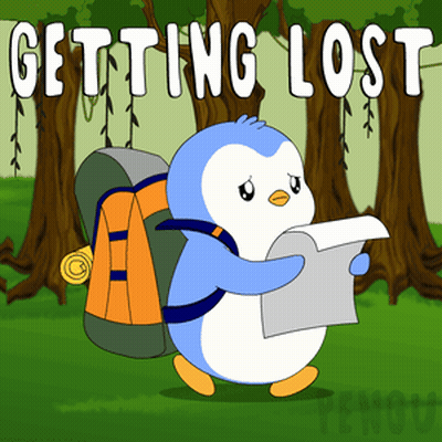 A Cartoon Of A Penguin With A Backpack Looking At A Map With The Words " Getting Lost " Above Him GIF