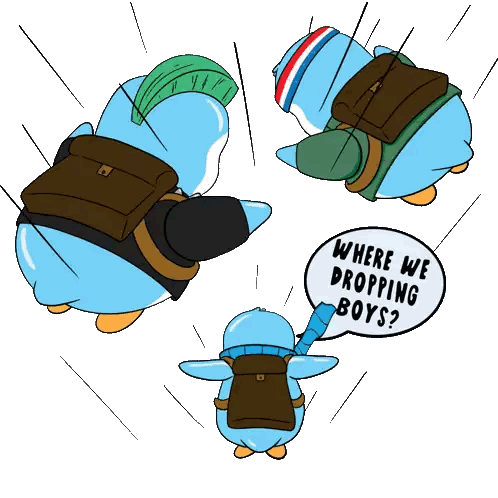 A Cartoon Of A Penguin With A Backpack Saying Where We Dropping Boys Sticker