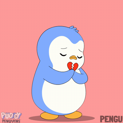A Cartoon Of A Penguin With A Broken Heart And The Name Pengu On The Bottom GIF