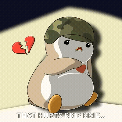 A Cartoon Of A Penguin With A Broken Heart And The Words " That Hurts Brie Brie " GIF