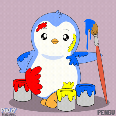 A Cartoon Of A Penguin With A Brush And Paint Cans That Says Puddy Penguins On The Bottom GIF