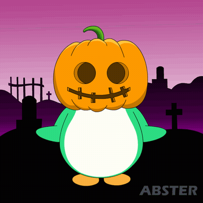 A Cartoon Of A Penguin With A Pumpkin On Its Head And The Word Abster On The Bottom GIF