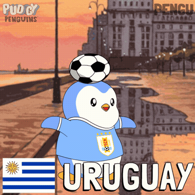 A Cartoon Of A Penguin With A Soccer Ball On Its Head And The Word Uruguay Below It GIF