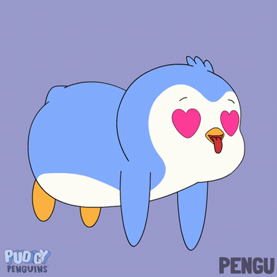 A Cartoon Of A Penguin With Pink Heart Shaped Eyes And The Name Pengu GIF