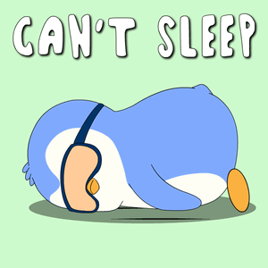 A Cartoon Of A Penguin With The Words " Can 'T Sleep " Written Above It GIF