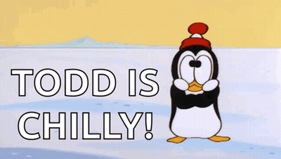 A Cartoon Of A Penguin With The Words Todd Is Chilly Above It GIF