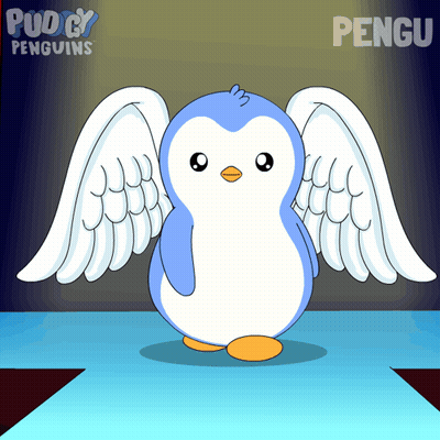 A Cartoon Of A Penguin With White Wings And The Name Pengu On The Bottom GIF