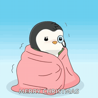 A Cartoon Of A Penguin Wrapped In A Pink Blanket With Merry Christmas Written On The Bottom GIF