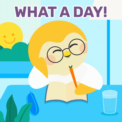 A Cartoon Of A Penguin Writing In A Notebook With The Words What A Day Behind It GIF
