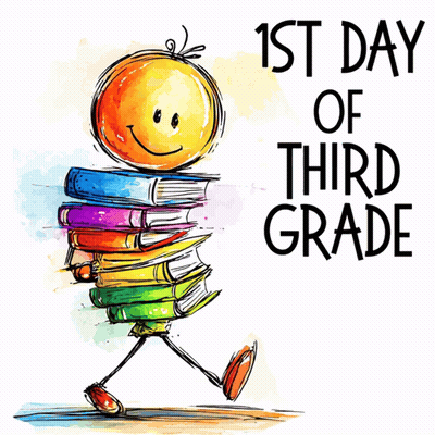 A Cartoon Of A Person Carrying A Stack Of Books With The Words 1St Day Of Third Grade GIF