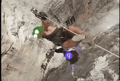 A Cartoon Of A Person Climbing A Mountain With A Purple Circle With The Number 9 On It GIF