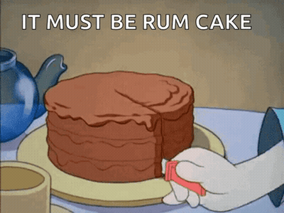 A Cartoon Of A Person Cutting A Cake With The Words " It Must Be Rum Cake " Above It GIF