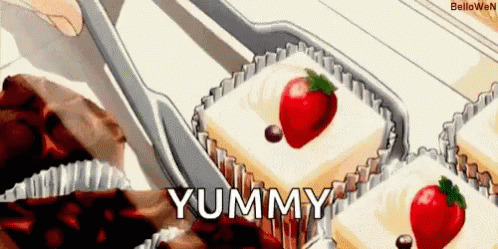 A Cartoon Of A Person Cutting A Piece Of Cake With A Strawberry On It . GIF