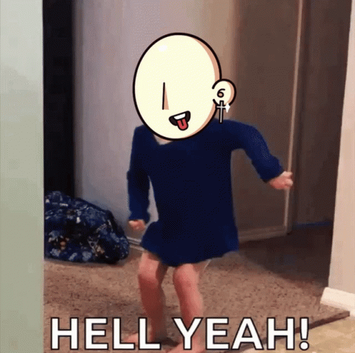 A Cartoon Of A Person Dancing With The Words Hell Yeah Behind Them GIF