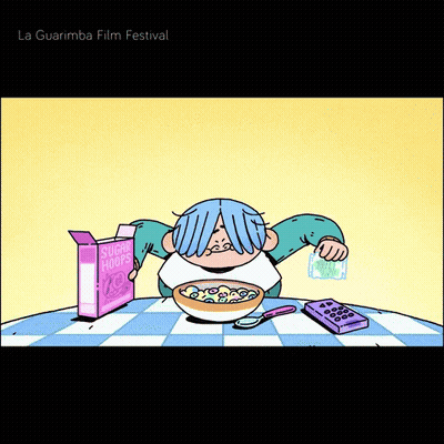 A Cartoon Of A Person Eating Cereal With A Box Of Sugar Hooks Behind Them GIF