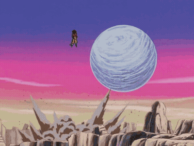 A Cartoon Of A Person Flying Through The Air With A Large Ball In The Background GIF