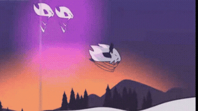 A Cartoon Of A Person Flying Through The Air With A Purple Sky In The Background . GIF