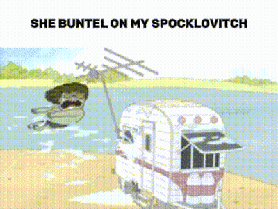A Cartoon Of A Person Hanging From A Tree With The Words She Buntel On My Spocklovitch GIF