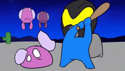 A Cartoon Of A Person Holding A Bat Standing Next To A Pink Rabbit And A Cactus GIF