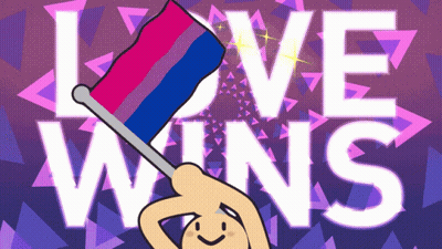 A Cartoon Of A Person Holding A Bisexual Flag With The Words Love Wins Behind Them GIF