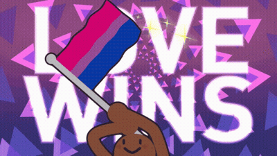 A Cartoon Of A Person Holding A Bisexual Flag With The Words Love Wins Behind Them GIF