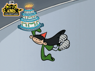 A Cartoon Of A Person Holding A Cake With A Cn Logo Behind Them GIF