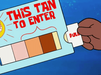 A Cartoon Of A Person Holding A Card That Says " This Tan To Enter " GIF