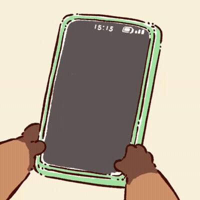 A Cartoon Of A Person Holding A Cell Phone With The Time Of 15:15 On The Screen GIF