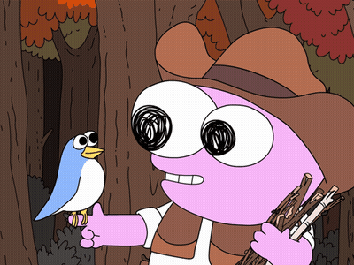 A Cartoon Of A Person Holding A Stick And A Bird On Their Hand GIF