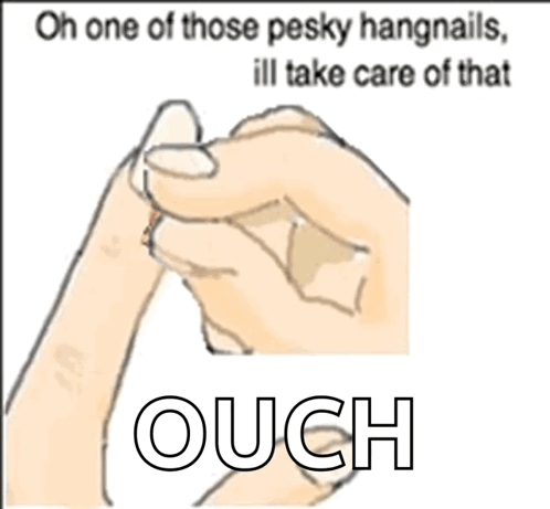 A Cartoon Of A Person Holding A Toothpick In Their Finger With The Words Ouch Below It GIF