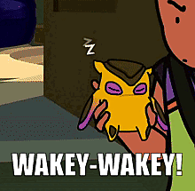 A Cartoon Of A Person Holding A Yellow Owl With Purple Eyes And The Words Wakey-Wakey On The Bottom GIF