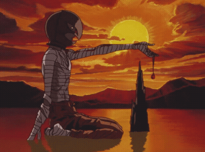 A Cartoon Of A Person Kneeling In Front Of A Sunset GIF
