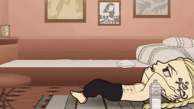 A Cartoon Of A Person Laying On The Floor With A Bottle Of Water GIF