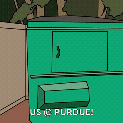 A Cartoon Of A Person Peeking Out Of A Dumpster With The Words Us @ Purdue On The Bottom GIF
