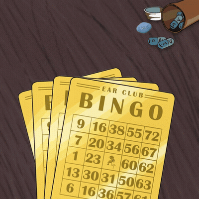 A Cartoon Of A Person Playing Bingo With Pills In The Background GIF